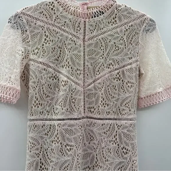 Bardot Theodora Soft Light Pink Lace Short Sleeve Sheath Mini Dress Size 4/XS Bardot Theodora Soft Light Pink Lace Short Sleeve Sheath Mini Dress Size 4/XS